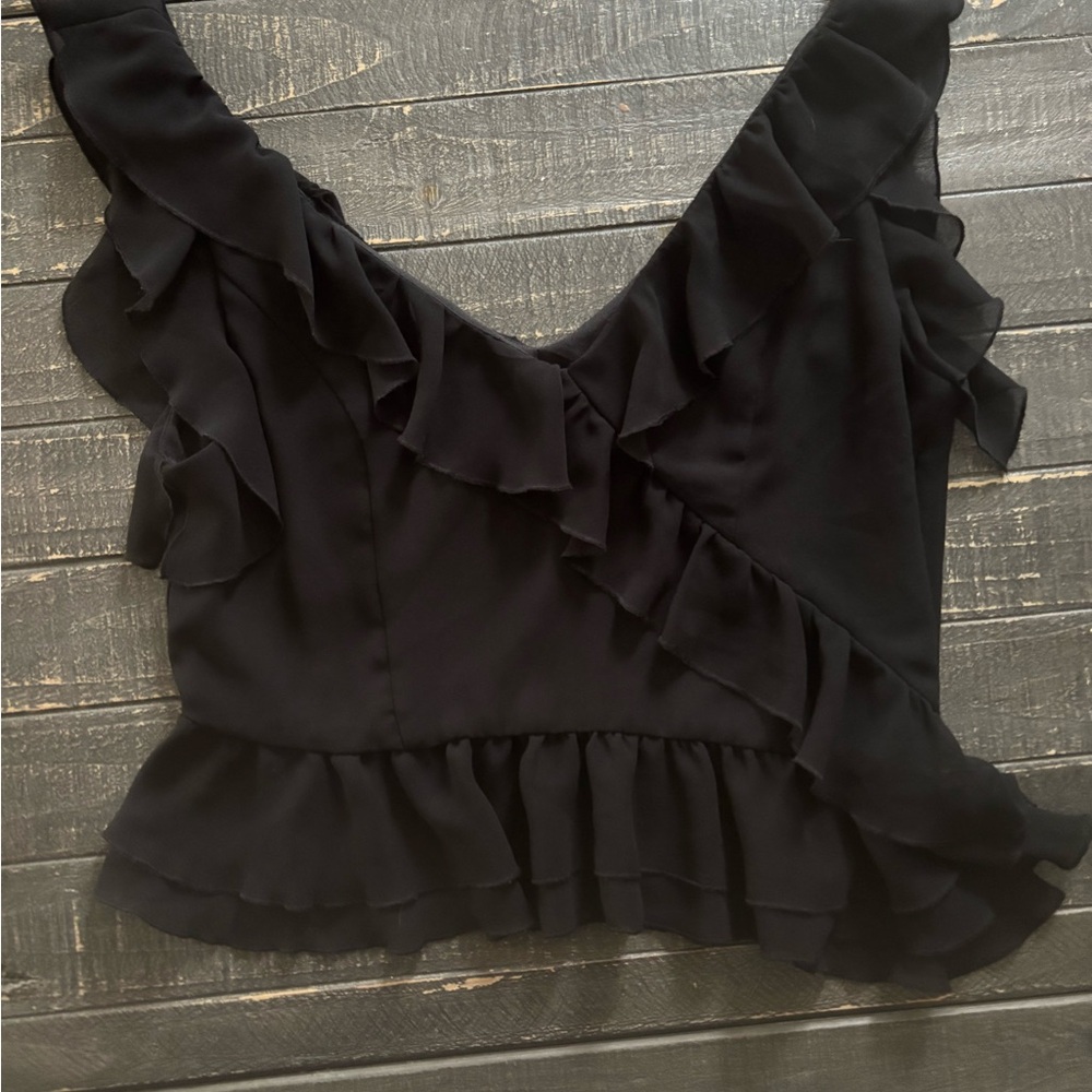 Wayf Black Asymmetrical Ruffled Blouse